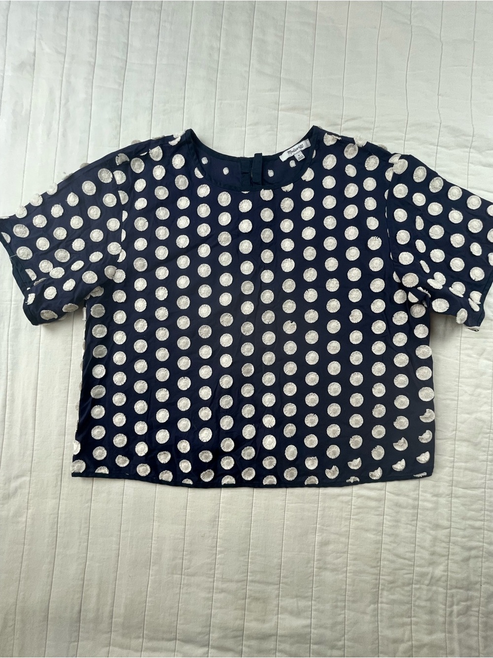 Madewell Navy Cream Textured Polka Dots Boxy Crop Cotton Blouse Medium
